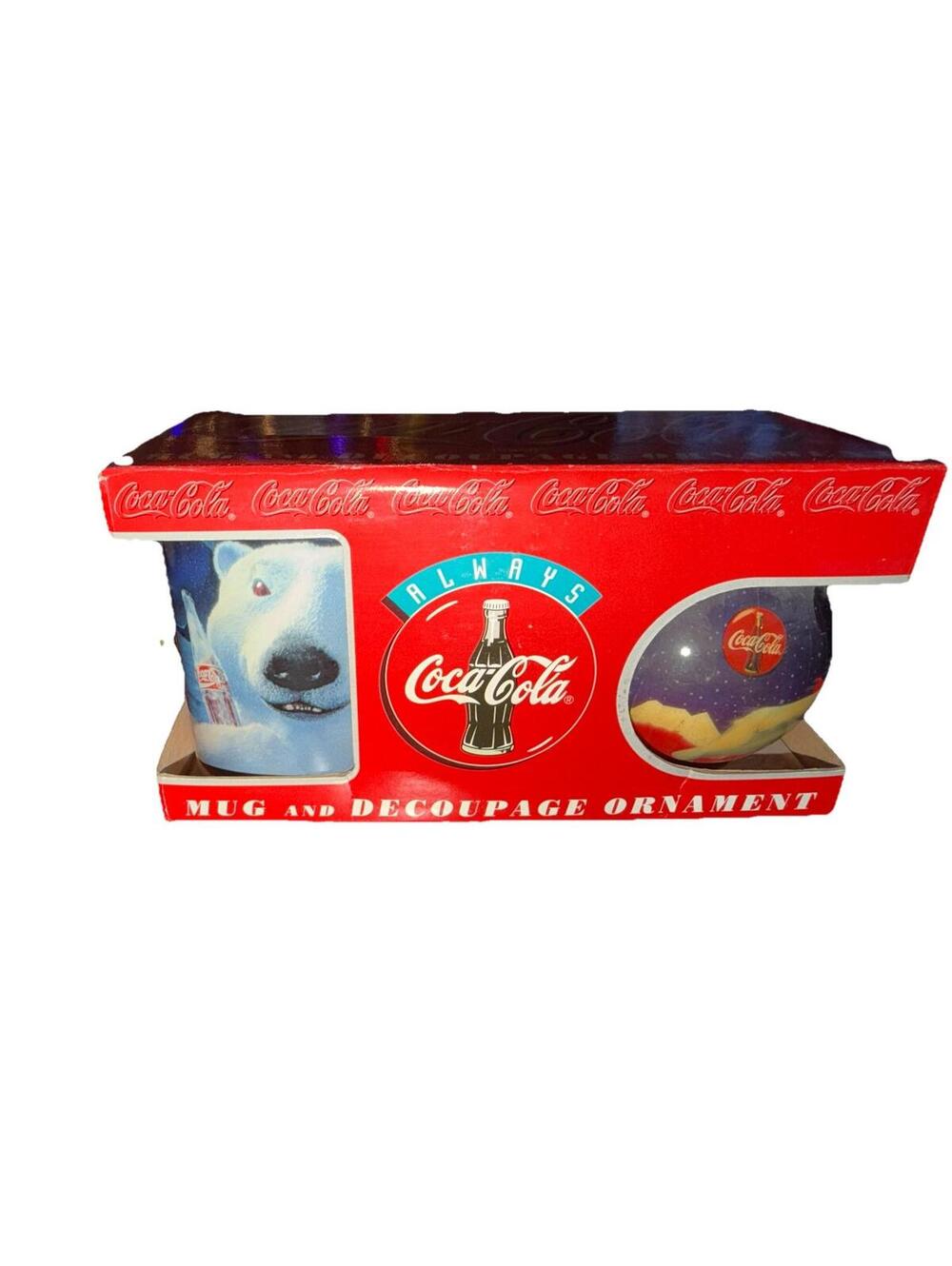 Vintage 1996 Coca-Cola Polar Bear Mug and Decoupage Ornament Gift Set Enesco